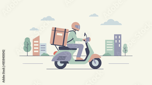 Food delivery courier riding scooter in city. Fast shipping service concept with backpack box. Restaurant takeaway transportation. Flat vector illustration. Urban driver on motorcycle