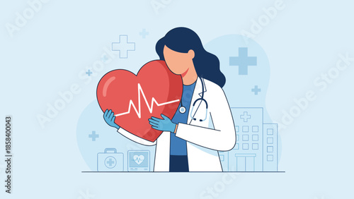 Doctor holding big red heart with pulse. Cardiologist care protection. Medical healthcare concept. Health insurance. Hospital care. Cardiology specialist. Flat vector illustration