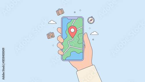 Hand holding smartphone with map, location pin. GPS navigation concept. Mobile screen showing route. Travel destination finder. Wayfinding technology. Flat vector illustration.