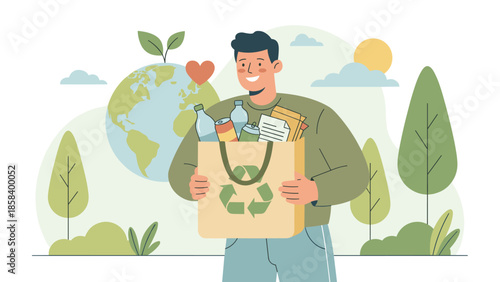 Man holding recycling bag. Eco friendly lifestyle. Environmental protection. Waste sorting. Zero waste. Save planet. Sustainability. Nature care. Green ecology flat vector illustration.