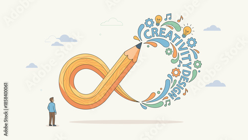 Giant pencil drawing line. Creative design concept. Flat vector illustration. Art and imagination symbol. Innovation tool for business. Sketching idea. Graphic artist work. Education.