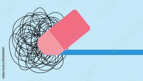 Chaos to order concept. Pink eraser rubbing out chaotic scribble to reveal straight blue line. Problem solving metaphor. Simplifying confusion. Correcting mistakes. Flat vector.