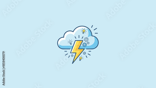 Stylized cloud lightning bolt. Brainstorming storm concept. Flat vector illustration. Creative idea symbol. Electric power flash. Weather thunder energy. Innovation inspiration.