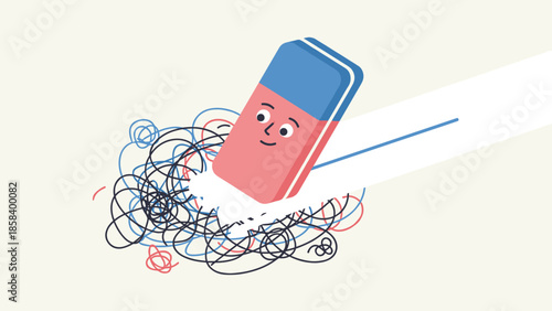 Chaos to order. Eraser rubbing out chaotic scribble. Straight line. Problem solving. Mental health. Fix mistakes. Organize confusion. Untangle. Simplify. Psychology. Flat vector.