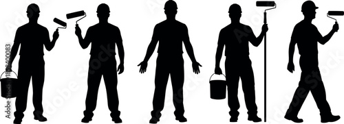 Professional House Painter Silhouettes Set with Paint Rollers Buckets and Hard Hats for Construction Renovation Home Improvement and Industrial Coating Services