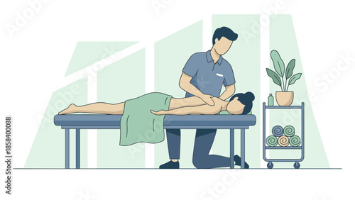 Professional massage therapist giving back treatment to woman. Physical therapy spa relaxation. Healthcare wellness body care procedure. Flat vector illustration design graphic.