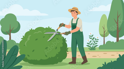 Gardener pruning bush with shears. Landscaping and gardening concept. Worker trimming hedge. Yard maintenance service. Flat vector illustration. Horticulture. Outdoor nature.