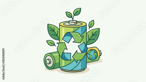 Green battery recycling concept with leaves. Renewable energy ecology and environment protection. Sustainable waste management. Flat vector illustration. Zero waste power cycle symbol.