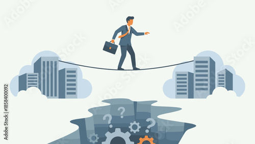 Businessman balancing on tightrope over abyss. Risk management concept. Corporate challenge and uncertainty. Bravery in business strategy. Dangerous path between skyscrapers. Crisis.