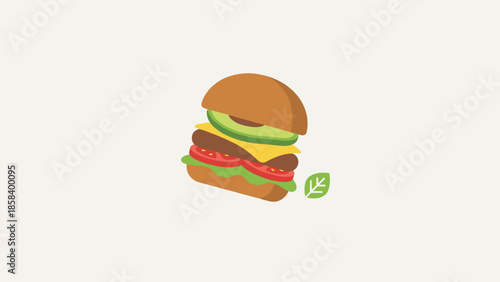 Stylized burger icon with fresh ingredients. Fast food concept. Tasty cheeseburger with vegetables. Flat vector illustration. Delicious hamburger meal. Restaurant menu design.