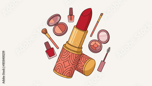 Stylized red lipstick tube. Makeup accessories set. Cosmetics concept flat vector illustration. Fashion beauty background. Glamour kit. Feminine style. Visage art. Mascara nail polish