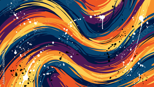 Abstract brush stroke background. Artistic paint splashes. Creative design element. Vector illustration. Colorful swirling texture. Modern fluid wave. Dynamic flow. Vibrant acrylic.