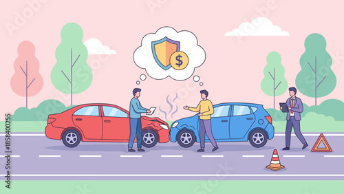 Auto insurance claim concept. Two cars in minor accident collision. Drivers discussing damage. Traffic crash situation. Safety. Flat vector illustration of car wreck scene.