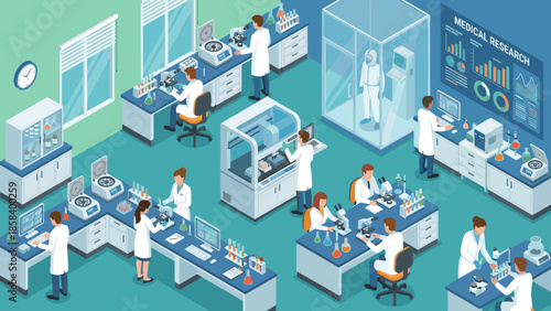 Modern isometric medical research laboratory. Scientists working. Pharmaceutical industry. Chemical experiment. Healthcare technology. Science lab analysis. Biotech. Test. Vector.