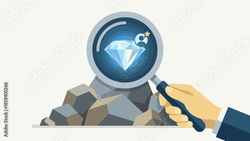 Magnifying glass finding diamond in rocks. Business recruiting concept. Search for talent. Hidden gem discovery. HR hiring strategy. Finding value. Human resources. Rare unique treasure