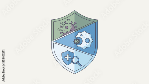 Immune system shield protection concept against virus and bacteria. Macrophage cell eating germ. Medical defense and antivirus security flat vector illustration design icon emblem.