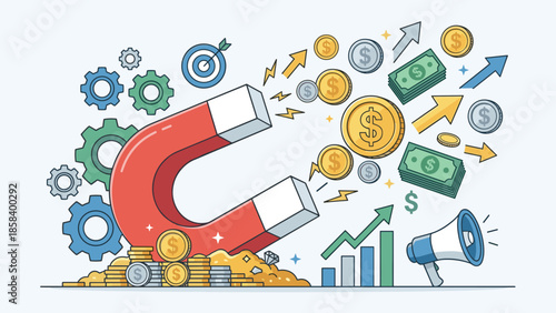 Magnet attracting money coins. Wealth attraction concept. Business marketing strategy. Financial profit. Inbound lead generation. Revenue growth. Flat vector illustration. Success.