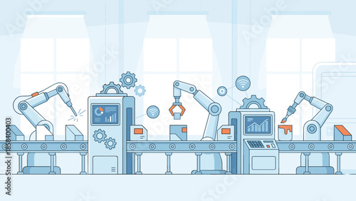 Automated factory assembly line with robotic arms. Smart industrial manufacturing process. Industry 4.0 concept. Conveyor belt production system. Technology vector illustration.