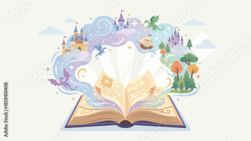 Magic open book with fantasy sparkles and fairytale stories. Imagination and storytelling concept. Creative education reading. Knowledge learning symbol. Flat vector illustration