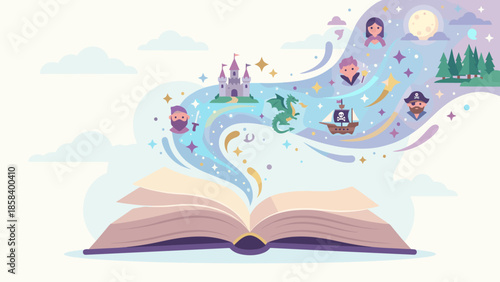 Open magic book with fairy tale characters. Storytelling concept. Imagination fantasy. Reading education vector. Dragon castle pirate ship knight princess. Literature. Kids story