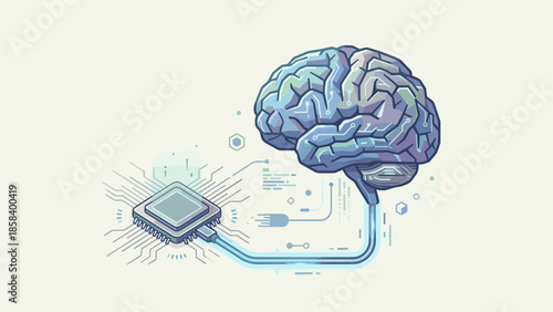 Brain computer interface concept. Stylized human mind connected to digital processor chip. Artificial intelligence technology. Cybernetic neural network. Smart science data vector.