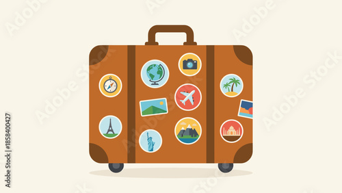 Travel suitcase with colorful stickers and famous landmarks. World tourism baggage concept. Flat vector luggage for vacation. Holiday trip journey bag. International adventure.