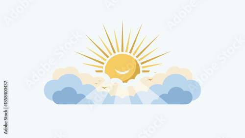Stylized sun emerging from clouds. Hope and optimism concept. Flat vector illustration. Weather forecast icon. Sunrise sky. Bright rays. New day beginning. Cheerful summer morning.