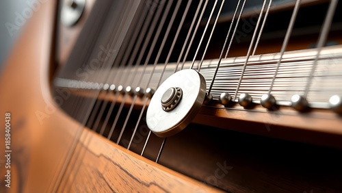 clavichord. Close-up of a clavichord's intricate string and plectrum mechanism, showcasing precise symmetry. event programs, museum guides, designed for cultural heritage projects and event programs.