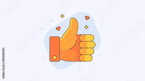 Thumbs up hand gesture vector icon. Social media like button. Positive feedback approval sign. Good job symbol with hearts. Agreement success concept. Satisfaction vote yes. Ok check.
