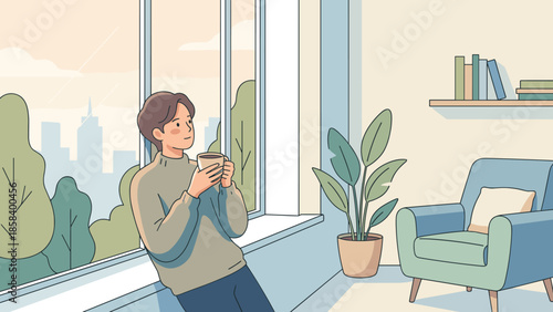 Man holding coffee cup looking out window. Relaxing home atmosphere. Contemplation concept. Peaceful break time. Thinking person flat vector illustration. Cozy apartment. Quiet morning.