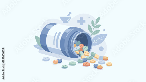 Stylized pill bottle with spilled colorful pills. Pharmacy medication concept. Medical treatment drug prescription healthcare vitamins antibiotic dosage. Flat vector illustration design