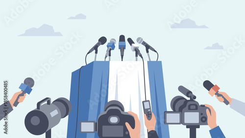 Press conference concept. Large podium with microphones. Media news interview. Reporters with cameras. Tribune for speaker. Live broadcast announcement. Flat vector illustration.
