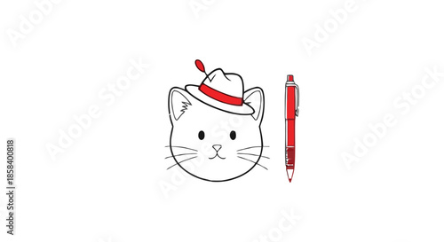 Stylized cat wearing a red hat with a mechanical pencil illustration
