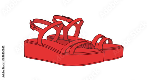 Bright red platform sandals with multiple straps on a black background.