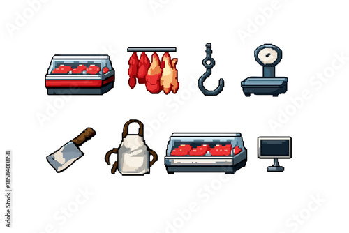 Butcher and meat shop icon set. containing meat, scale, hook, knife, butcher apron, cuts, counter, poultry, and more.