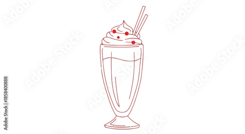 Line art of a milkshake with whipped cream and cherry on top