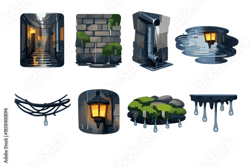 Urban ambiance icon set. containing alleyway, brick wall, gutter, lamppost, moss, wet street, and more.