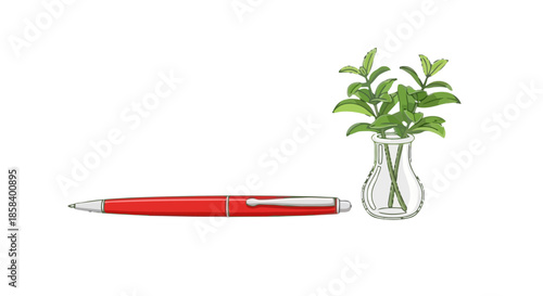 Red ballpoint pen and small green plant in vase