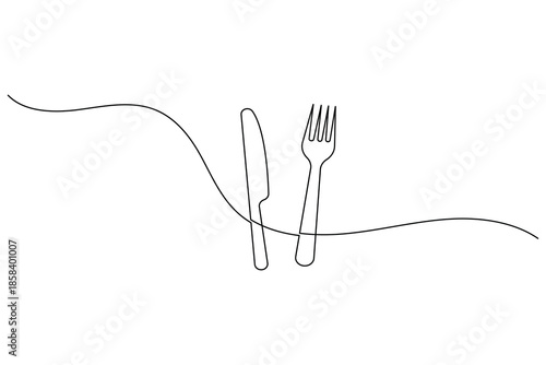Table cutlery fork and knife continuous line drawing