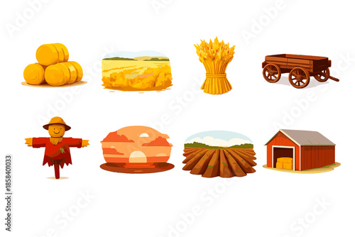 Farm and harvest icon set. featuring hay bales, wheat field, grain bundle, cart, scarecrow, sunset, furrows, barn.