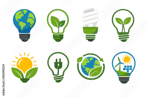Eco and energy icon set. containing globe, lightbulb, leaf, cfl, sun, plug, recycling, wind turbine
