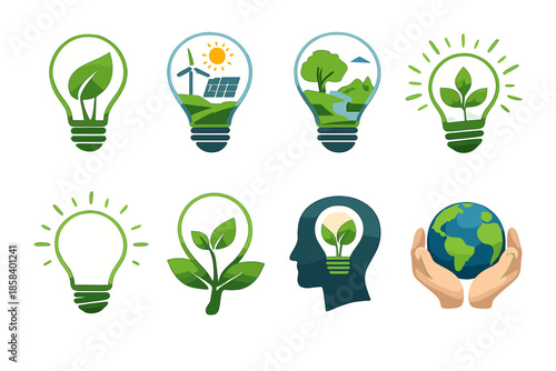 Sustainability and energy icons set. containing eco, energy, nature, earth, solar, recycle, conservation, bulb