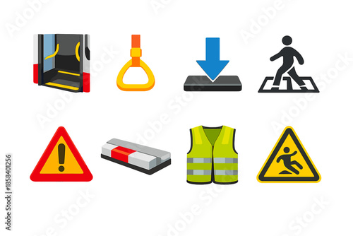 Transportation and safety icon set. containing door, handle, arrow, pedestrian, warning, barrier, vest, caution and more.