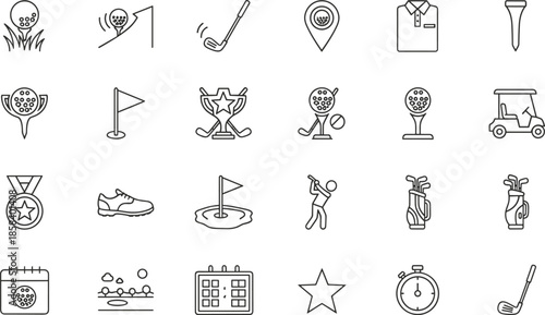 Outline Vector Icon Set Representing Golf Sports Country Club Recreation Professional Equipment Tournament Awards and Leisure Lifestyle Activity Concepts