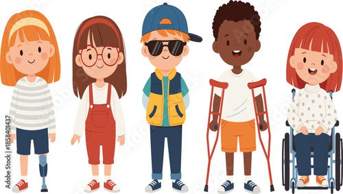Diverse Group of Children with Disabilities Vector Set Featuring Inclusive Kids Illustration.