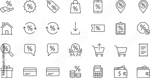 Outline Vector Icon Set Representing E-commerce Discounts Promotional Offers Retail Finance Sales Incentives and Professional Digital Shopping Transaction Concepts