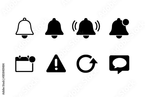Notification and alert icon set. containing bell, alarm, alert, reminder, calendar, warning, refresh, chat and more.