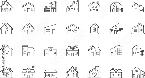 Outline Vector Icon Set Representing Diverse Residential Architecture Modern Home Styles Real Estate Property Listings and Domestic Housing Concepts