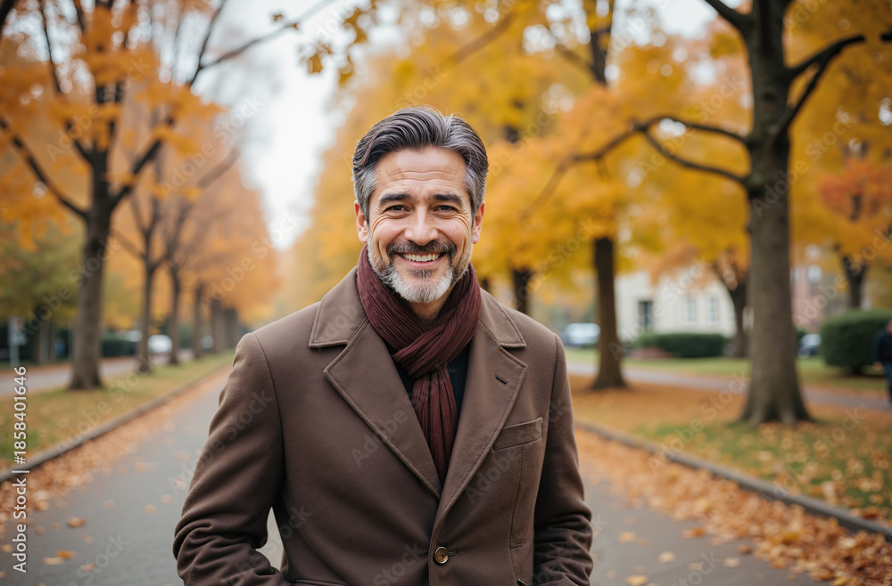 Fototapeta premium Elderly Gentleman Enjoying Autumn Walk in City Park for Retirement Lifestyle, Senior Happiness, and Positive Aging Concepts