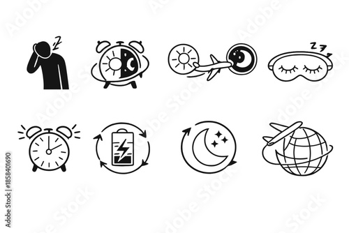 Sleep and time icon set. containing jet lag, alarm clock, day night cycle, sleep mask, battery, moon, globe and more.